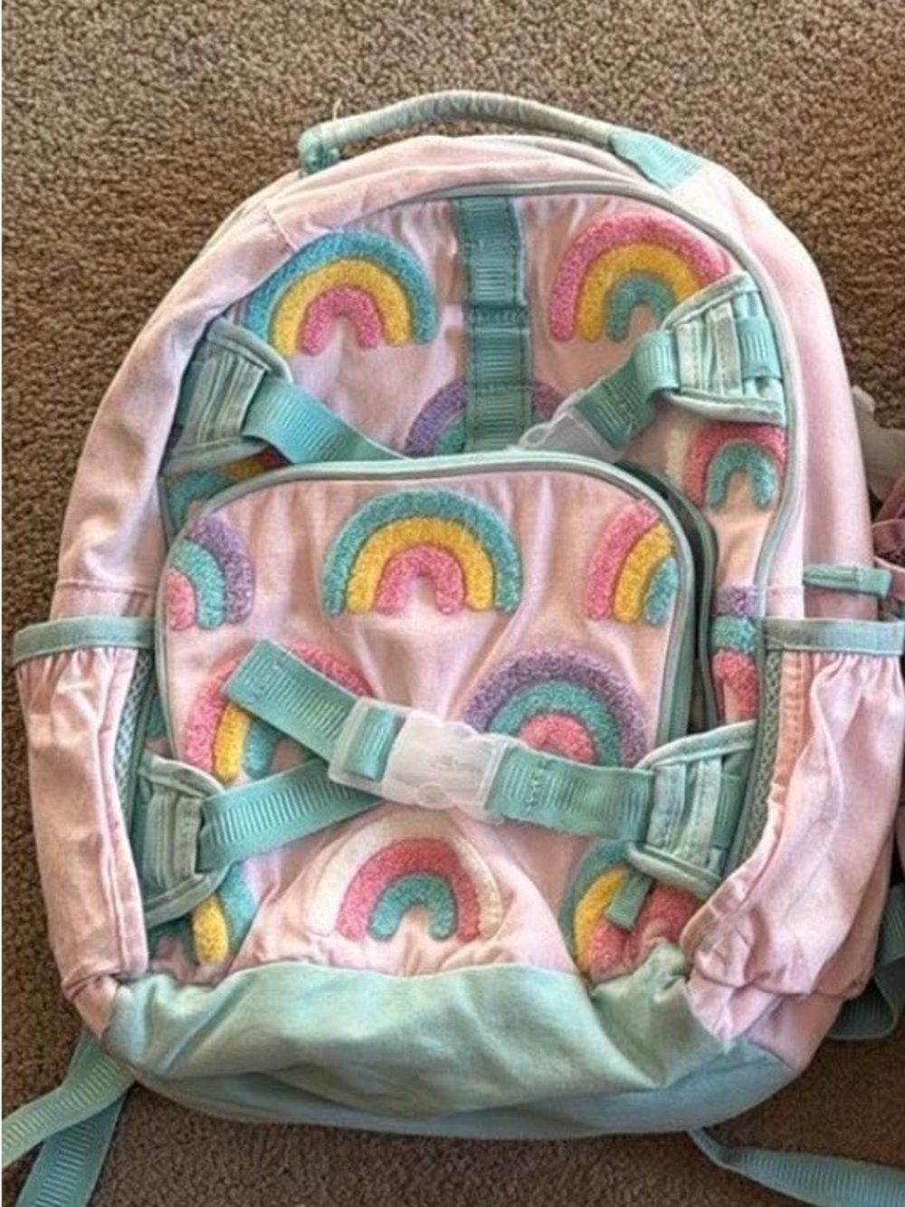 Pottery, barn Rainbow Print Pink Backpack with Aqua Accents